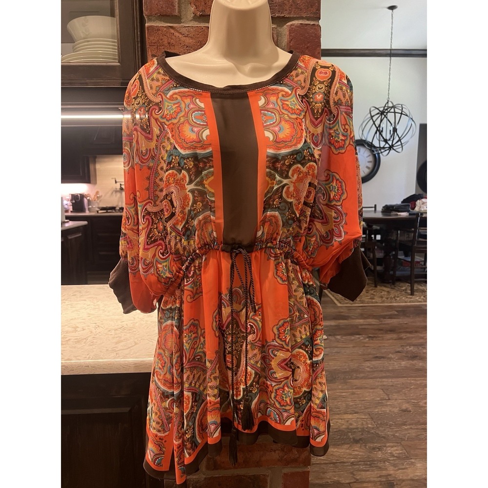 Ivy Jane Cinch Waste Tunic Top Floral 3/4 Sleeve Sheer Boho Sz L Women's USA